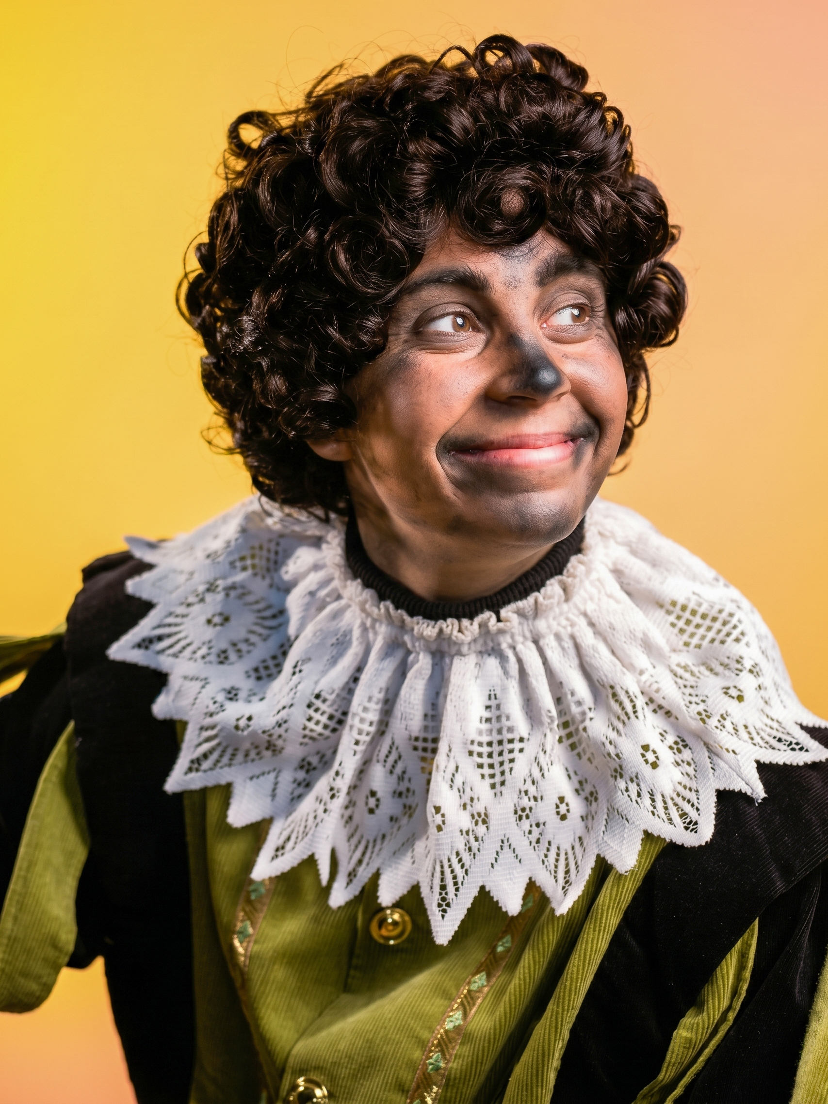 Zwarte pietenpruik van echt haar op model van Studio 5 December
