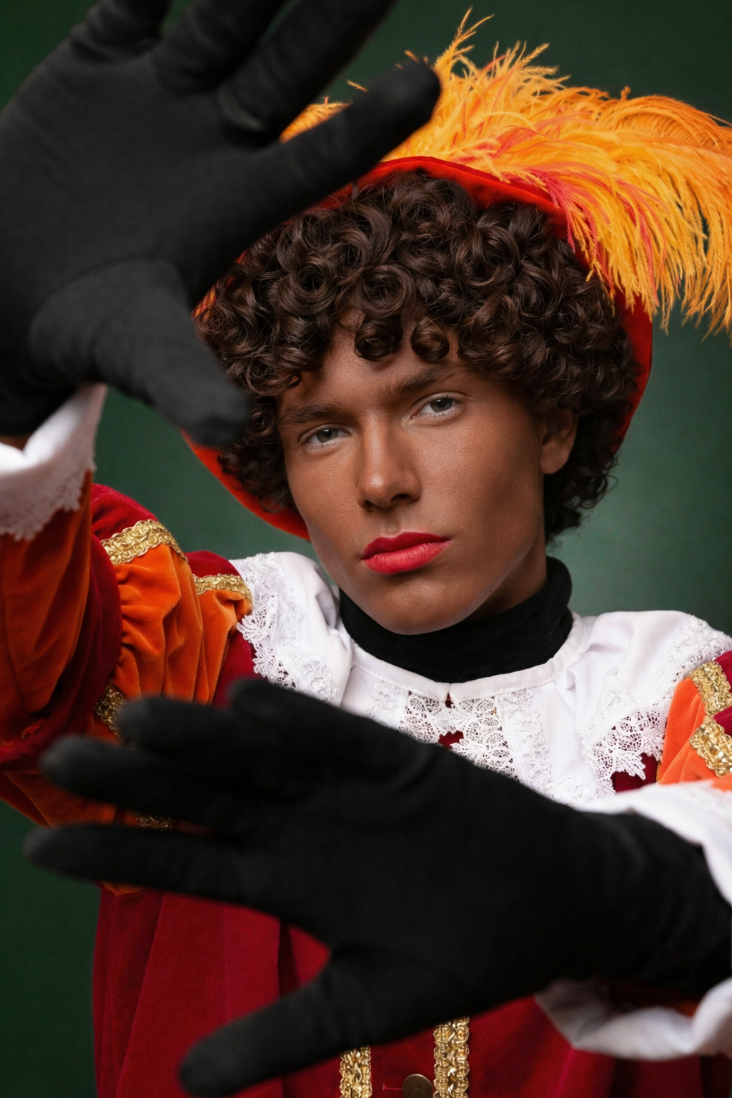 Zwarte Piet in rood-oranje Pietenpak met bruine krullende Pietenpruik van Studio 5 December