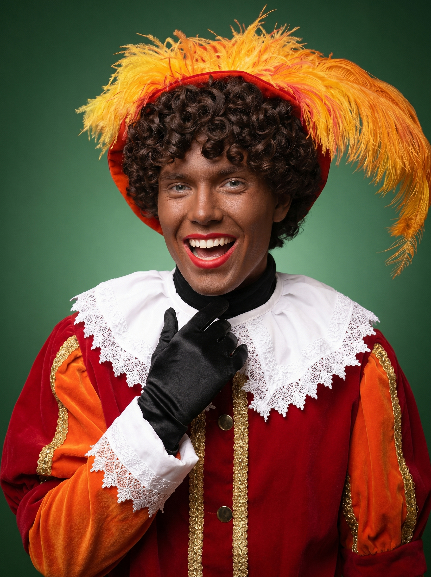 Zwarte Piet in rood-oranje Pietenpak met bruine krullende Pietenpruik van Studio 5 December