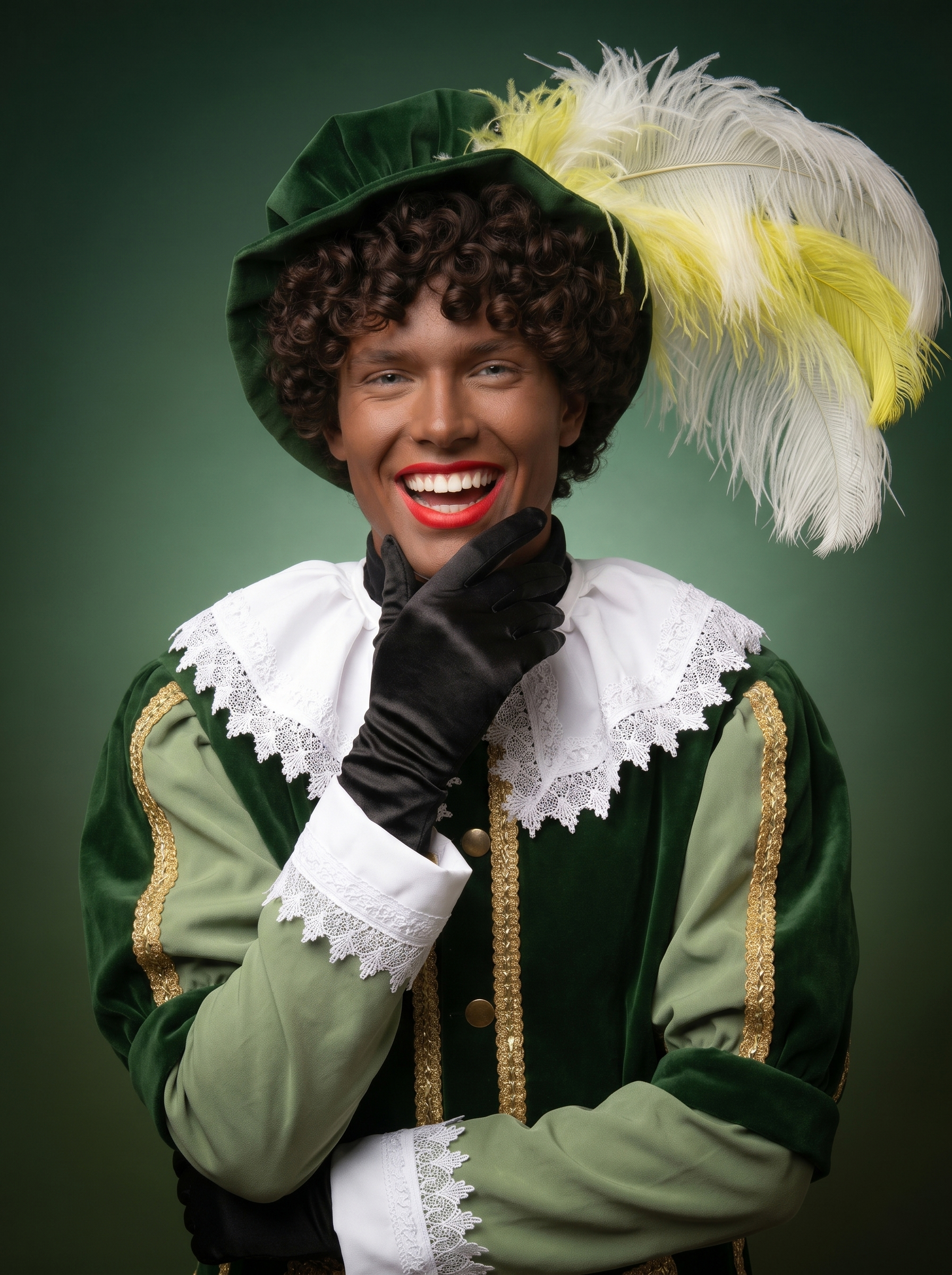 Zwarte Piet in groen Pietenpak met bruine krullende Pietenpruik van Studio 5 December