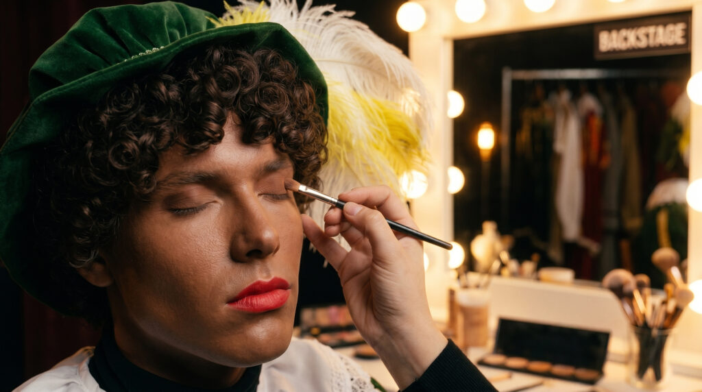 Zwarte Piet backstage in groen Pietenpak met bruine Pietenpruik van Studio 5 December